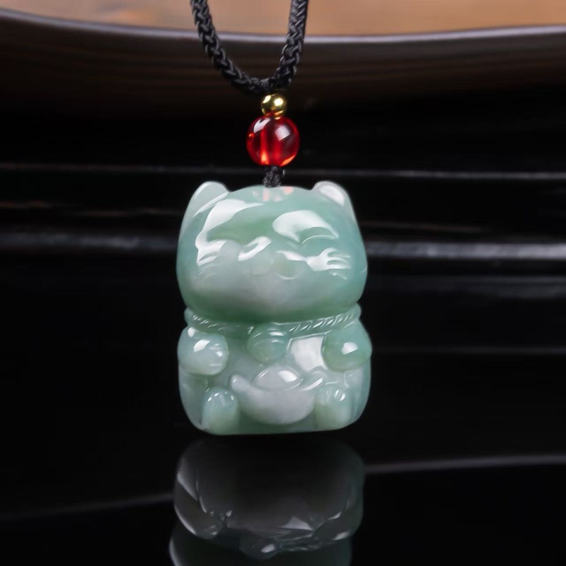 Necklace Pendant - Natürlicher Smaragd-Jade Glückskatze Anhänger Myanmar Jadeit