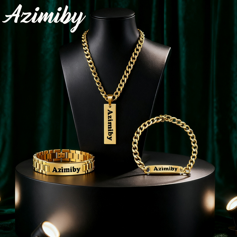 Engraved Name Necklace - Azimiby Anpassbarer Name, klassisches Punk-Stil, Armband-Halsketten-Set,