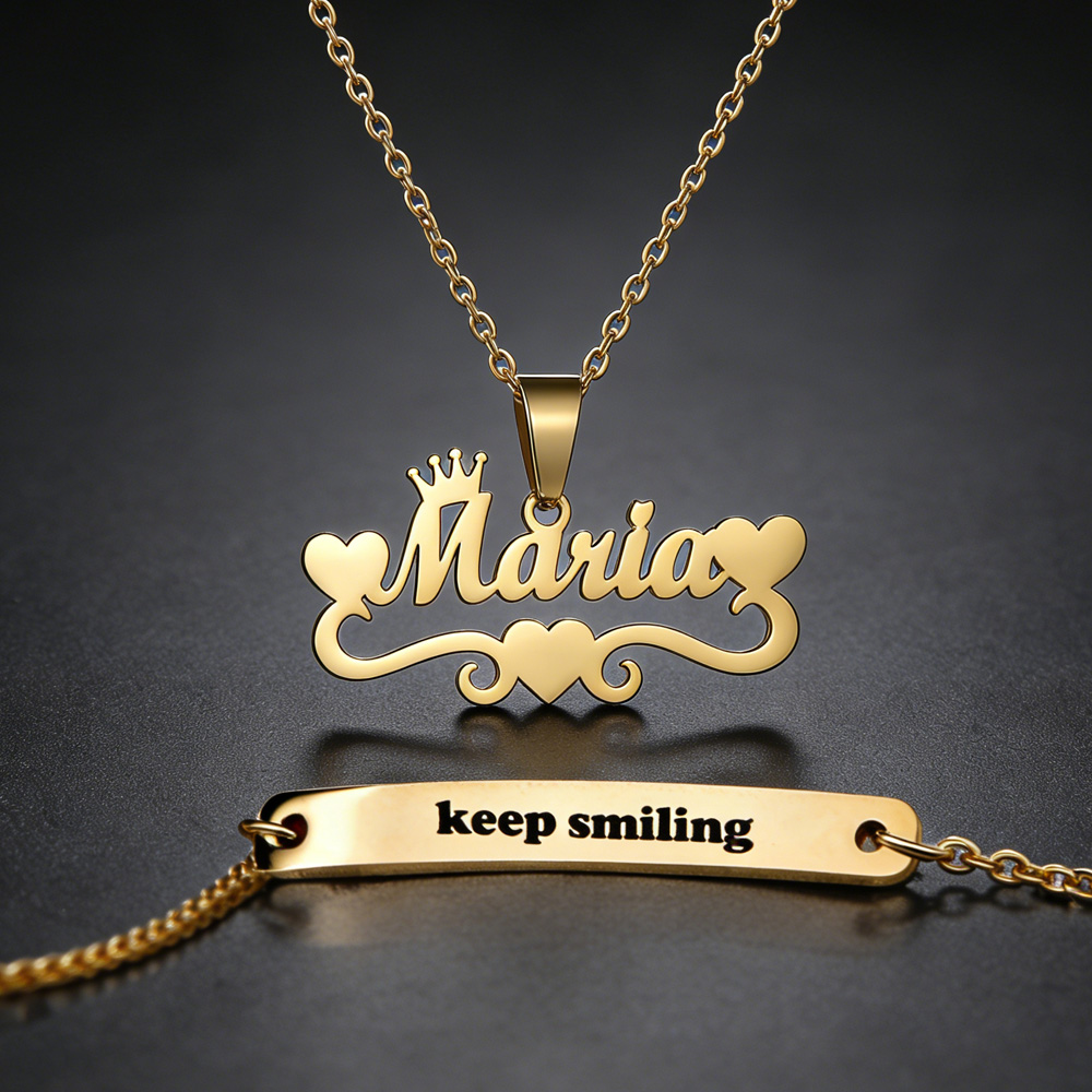 Engraved Name Necklace - Personalisiertes individuelles Namens-Herz-Halsketten-Armband-Schmuckset aus Edelstahl mit
